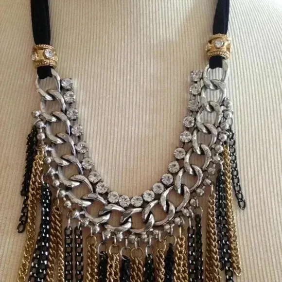 Womens Black and Gold Multi-chain Galore Fringe Statement Necklace - Picture 9 of 15